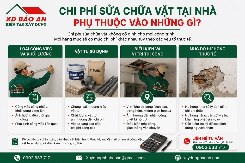 Thợ sửa chữa vặt tại nhà ở TP HCM 3 Chi phí sửa chữa vặt tại nhà phụ thuộc vào khối lượng, vật tư, điều kiện thi công và mức độ hư hỏng