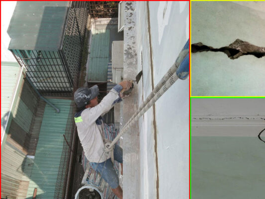 Đường nứt tường cũ đang được thợ xử lý đường nứt tường ngoài trời