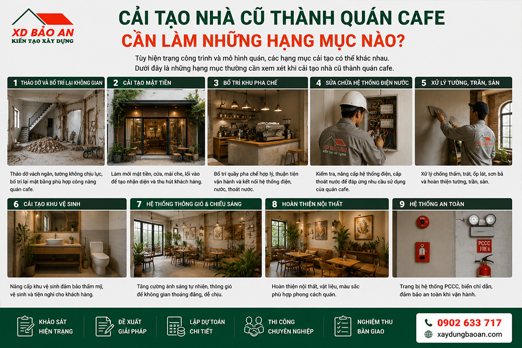 Mẹo cải tạo nhà cũ thành quán cà phê độc đáo có thể bạn chưa biết 47 Các hạng mục cải tạo nhà cũ thành quán cafe gồm bố trí không gian, mặt tiền, điện nước, tường trần sàn và khu vệ sinh