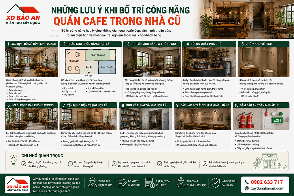 Mẹo cải tạo nhà cũ thành quán cà phê độc đáo có thể bạn chưa biết 49 Những lưu ý khi bố trí công năng quán cafe trong nhà cũ gồm phân khu, quầy pha chế, lối đi, ánh sáng, thông gió và khu vệ sinh