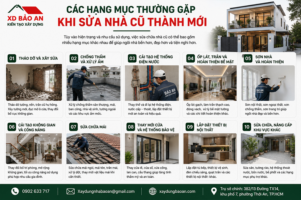 SỬA NHÀ CŨ THÀNH MỚI – KINH NGHIỆM CẢI TẠO NHÀ CŨ 2 Các hạng mục thường gặp khi sửa nhà cũ thành mới