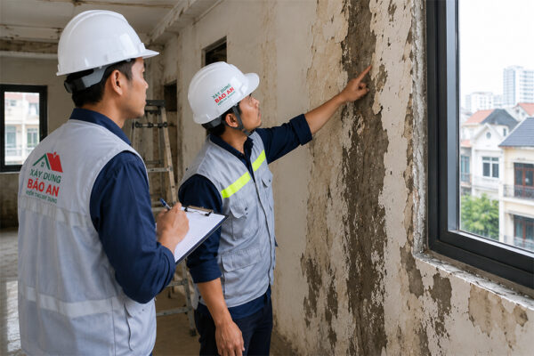 Kỹ sư kiểm tra hiện trạng nhà ống cũ trước khi lên phương án cải tạo.