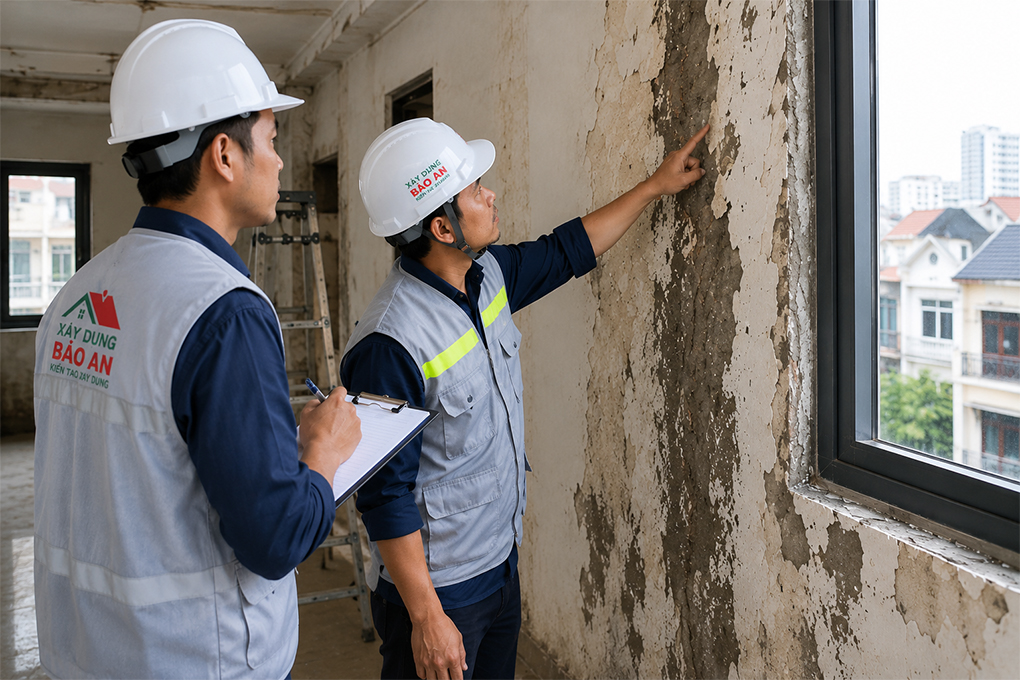 Cải tạo nhà ống cũ: Kinh nghiệm, quy trình và những điều cần lưu ý 1 Kỹ sư kiểm tra hiện trạng nhà ống cũ trước khi lên phương án cải tạo.