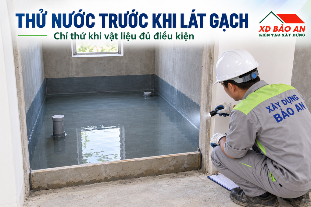Thợ Bảo An kiểm tra thử nước sàn nhà vệ sinh trước khi lát gạch