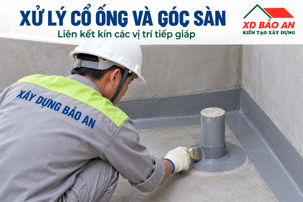 (ảnh minh họa)Xử lý chống thấm quanh cổ ống và góc sàn nhà vệ sinh mới xây