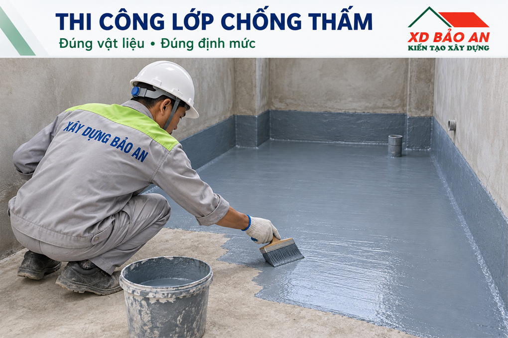 (ảnh iminh họa)Công nhân Bảo An quét vật liệu chống thấm trên nền nhà vệ sinh chưa lát gạch