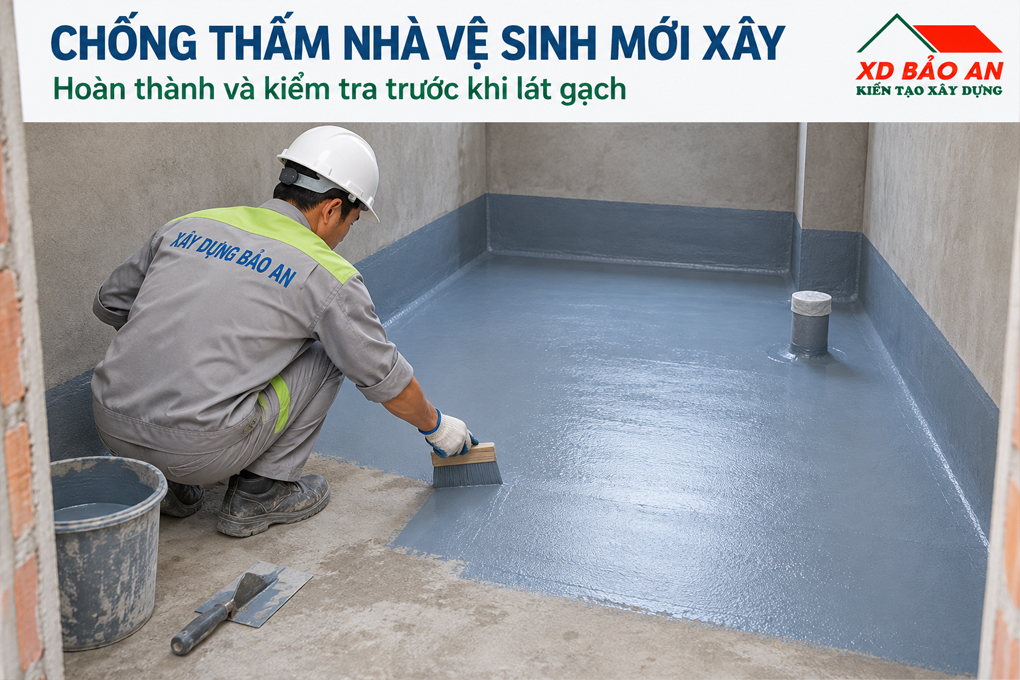 (ảnh minh họa) thợ chống thấm sàn nhà vệ sinh mới xây trước khi lát gạch