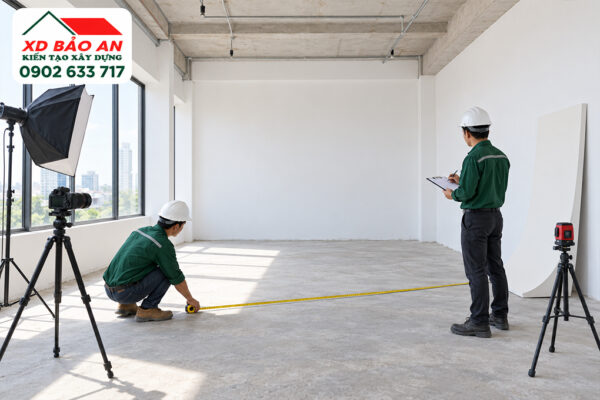 Minh họa khảo sát, đo kích thước studio trước khi thi công tường vô cực – Xây Dựng Bảo An.