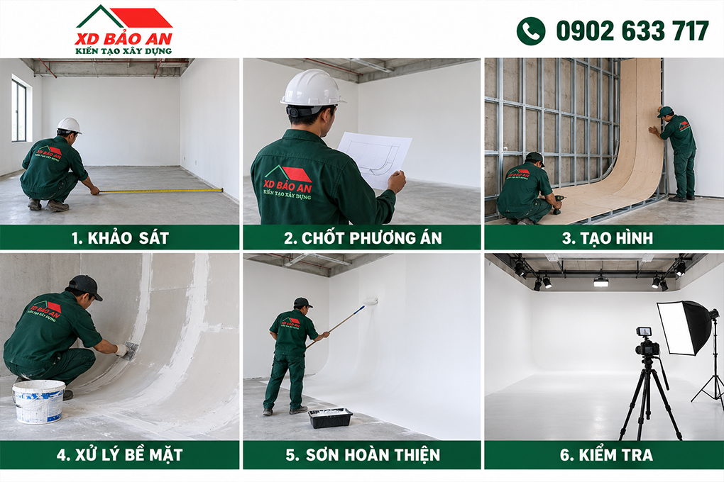 Thi công tường vô cực cho studio tại TPHCM – Xây Dựng Bảo An 6 Minh họa 6 bước thi công tường vô cực cho studio – Xây Dựng Bảo An.