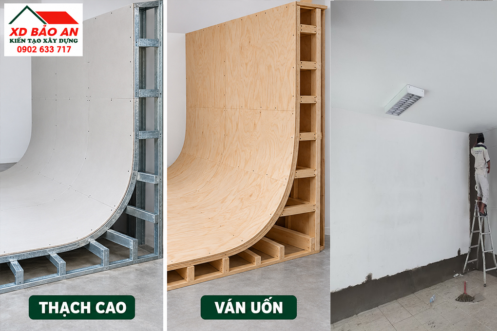 Thi công tường vô cực cho studio tại TPHCM – Xây Dựng Bảo An 4 Minh họa vật liệu thi công tường vô cực bằng thạch cao, ván uốn và xây tô – Bảo An.