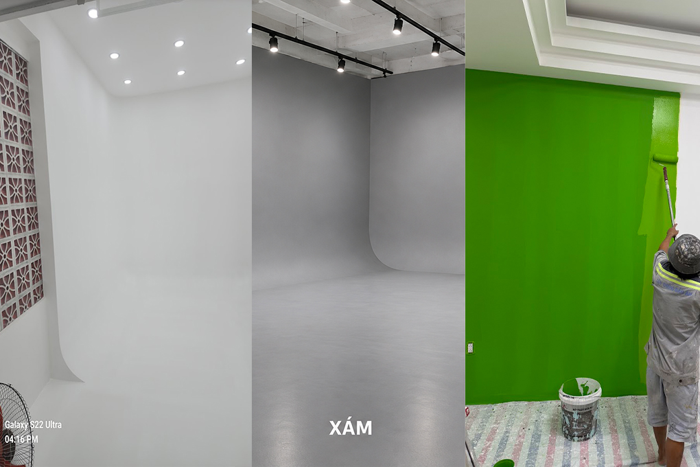 Thi công tường vô cực cho studio tại TPHCM – Xây Dựng Bảo An 5 Minh họa tường vô cực màu trắng, xám và xanh phông cho studio – Bảo An.